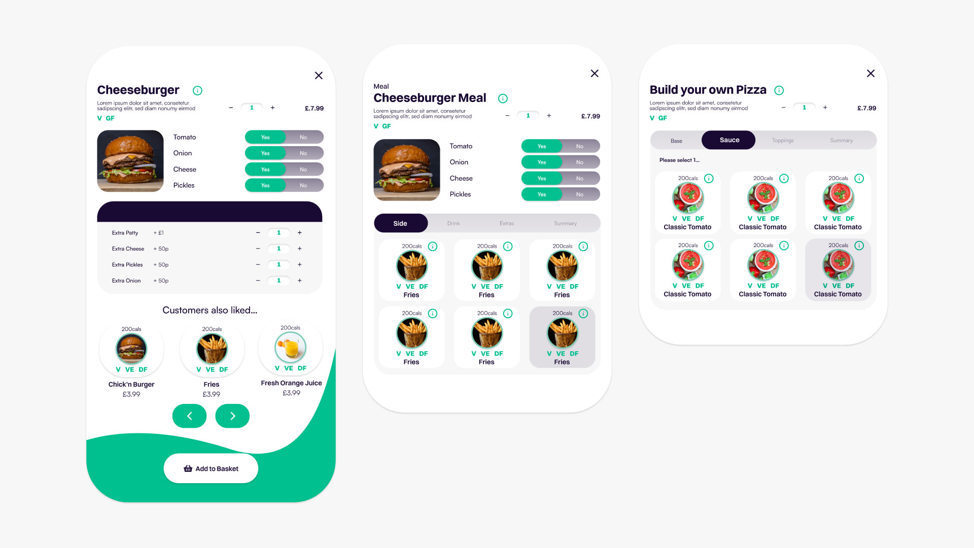 different sizes of POS system ui, showing food choices